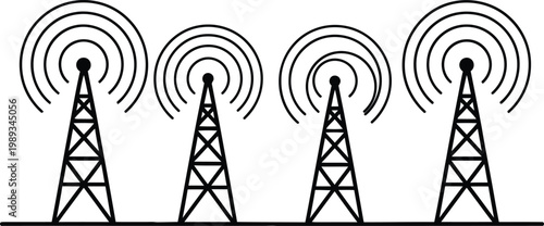 Four communication towers with radio waves a black and white illustration