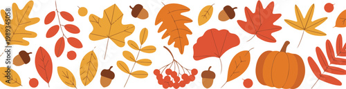 Autumn seamless border pattern with maple leaves acorns berries and pumpkin warm fall colors flat minimalist vector design