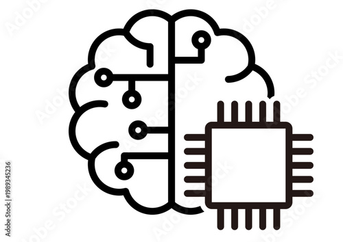 モノトーンの脳（人工知能）アイコンとAI・半導体のコンセプトアイコン