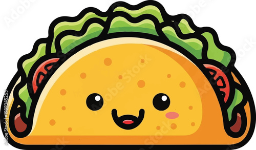 Smiling cartoon taco with fresh lettuce red tomatoes and savory filling Ideal for food promotions menu design and cheerful branding