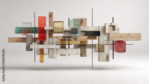 Modern Abstract Sculpture with Wooden and Glass Elements
