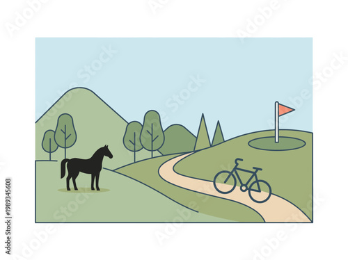 Horse and Bike Path in Serene Hills Landscape with Golf Flag Illustration