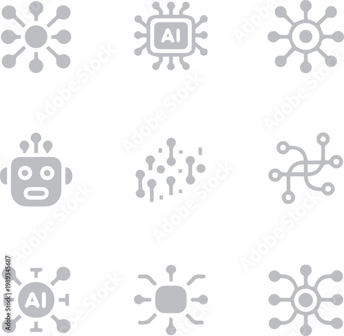 Artificial intelligence icons featuring neural networks, chips, and robotics demonstrate advanced technological concepts.