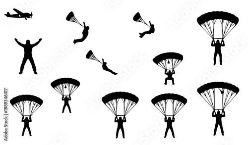 Parachuting skydiver silhouette vector set with dynamic free fall poses and parachute opening stages for sports infographic design isolated on white