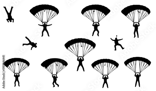 Extreme sports skydiver silhouettes vector illustration collection with parachute deployment action poses isolated for adventure and aviation graphics