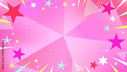 おしゃれなビビッドピンクのポップ背景。ドット・ストライプ・三角形と集中線のグラデーション。16:9動画サムネ用。