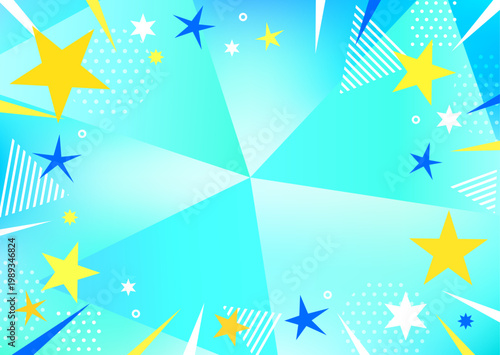 おしゃれな水色のポップ背景。ドット・ストライプ・三角形と集中線のグラデーション。4:3ポスターサイズ