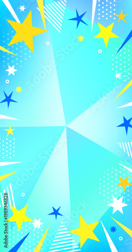おしゃれな水色のポップ背景。ドット・ストライプ・三角形と集中線のグラデーション。縦型スマホ用。