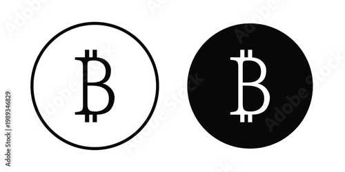 Bitcoin icon in stroke outline style with flat version