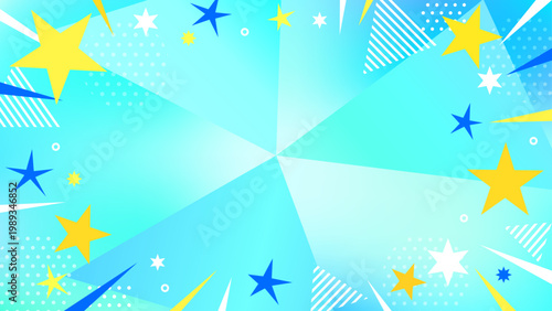おしゃれな水色のポップ背景。ドット・ストライプ・三角形と集中線のグラデーション。16:9動画サムネ用。