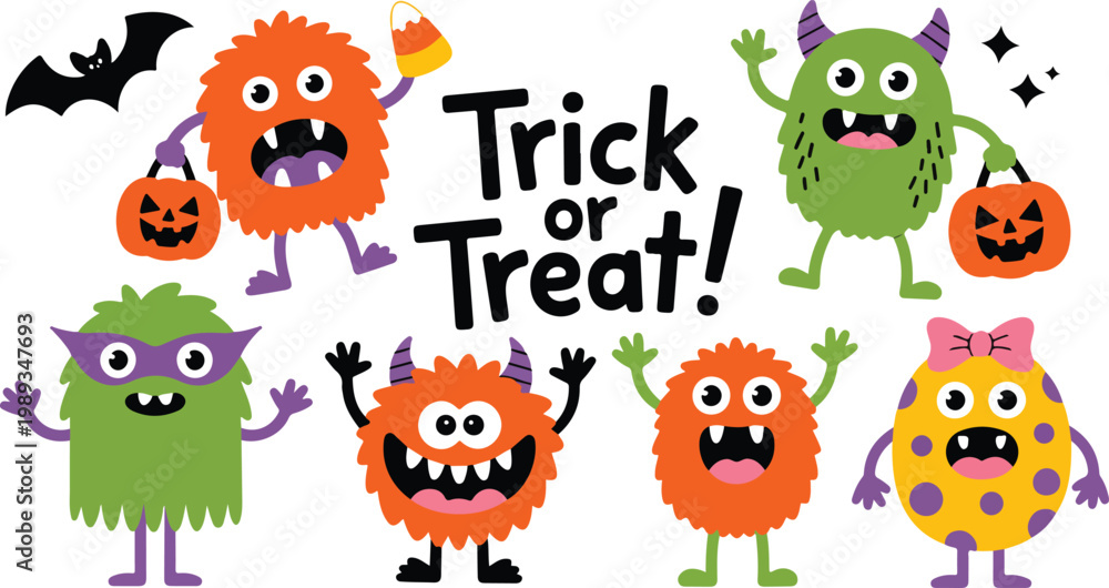 Naklejka premium Cute Halloween monsters illustration with Trick or Treat text colorful cartoon characters festive spooky design flat vector on white
