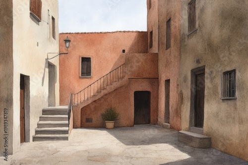 Watercolor winding alley in old Italian village, charming historic street scene