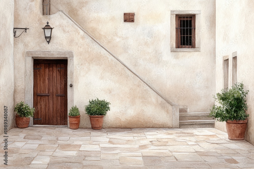 Fototapeta premium Charming winding alley in old Italian village in watercolor painting style, scenic street