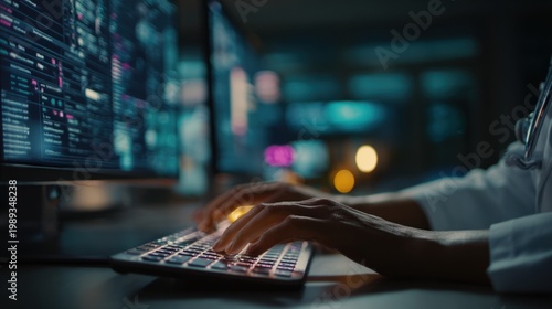 Healthcare professional's hands typing on a computer keyboard in a medical setting with monitors displaying medical data