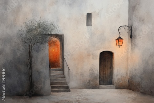 Watercolor lantern-lit alley in historic town, cozy night street with warm glowing lights