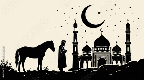 Islamic Night Silhouette with Mosque Crescent Moon and Praying Figure