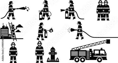Firefighter Silhouette Icon Set Featuring Fire Truck Hydrant Extinguisher and Rescue Team Illustrations for Emergency Service Safety Training and Fire Prevention Department Graphics