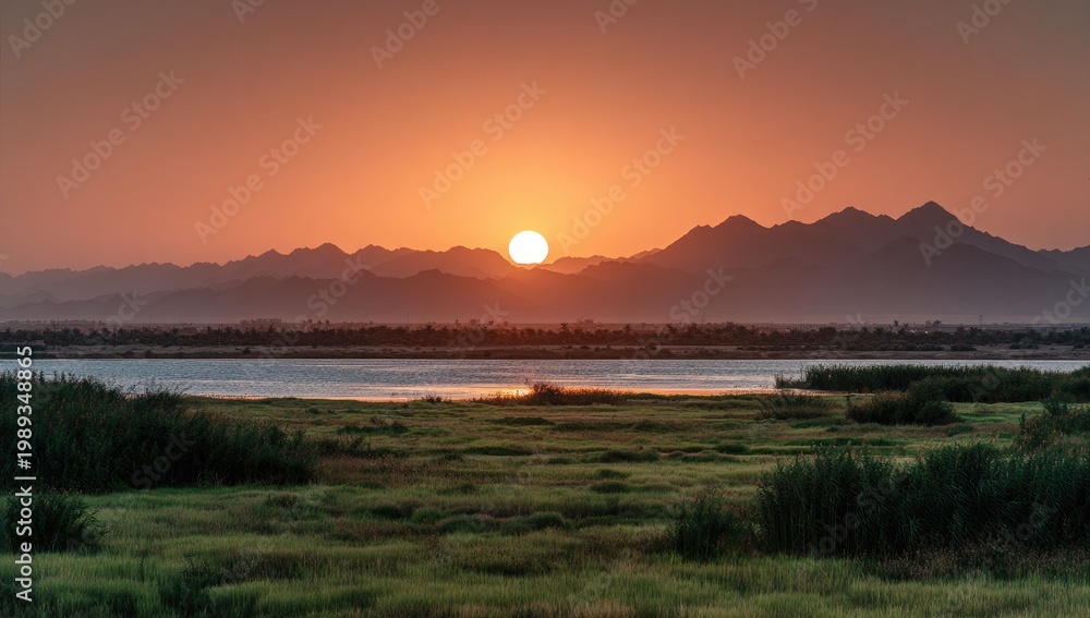 Obraz premium A vibrant sunset casts a warm glow over a tranquil lake, framed by lush green reeds and a distant mountain range, creating a serene and picturesque landscape.