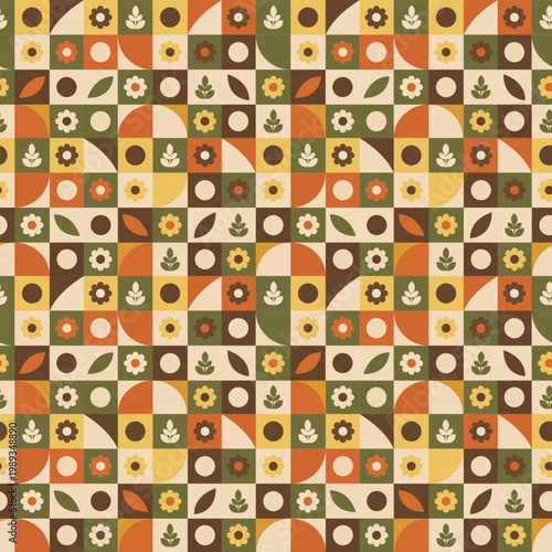Retro Checker Floral Seamless Pattern with Geometric Shapes in 70s Mid Century Style