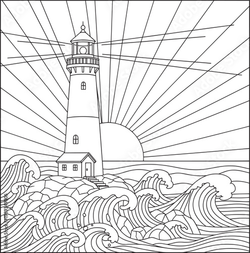 black and white lighthouse on rocky shore with waves vector illustration
