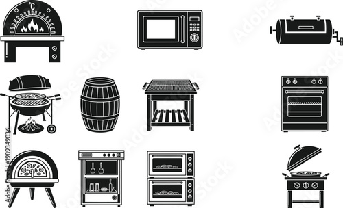 Cooking Appliance Icon Set Featuring Pizza Oven Microwave Charcoal Grill Barbecue Smoker Electric Stove and Kitchen Equipment Silhouette Illustrations for Restaurant Catering and Culinary Graphics