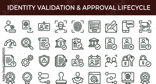 Identity validation and approval lifecycle outline cybersecurity icon set illustrating biometric verification document approval SMS authentication and compliance onboarding workflow processes