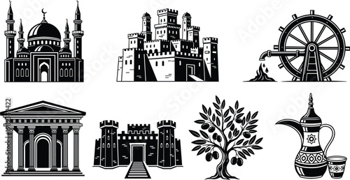 Middle Eastern heritage icon set featuring mosque, medieval castle fortress, water wheel, ancient temple, olive tree, and traditional Arabic coffee dallah for tourism.