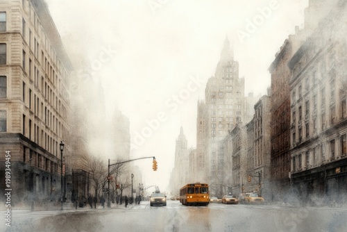 Urban busy street view with buildings in watercolor painting style, vibrant city scene