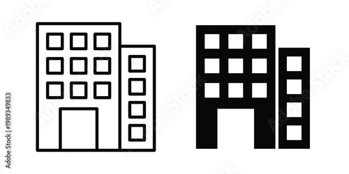 Commercial building icon in stroke outline style with flat version