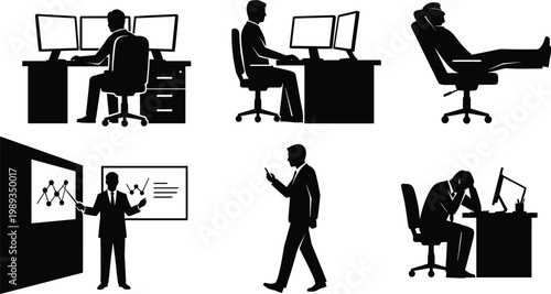 Professional business man office silhouettes set including person working on multiple monitors, presenting data charts, relaxing, walking with phone, and stressed at desk workstation.