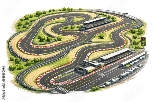 Racing circuit with pit and grandstand, racing circuit, motorsport track, pit lane, grandstand, race track, Formula racing circuit, stadium seating, motorsport event, high speed track, racing venue, p