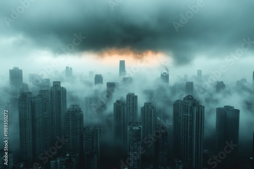 Cloudy horizon over modern city with high-rise buildings and urban skyline
