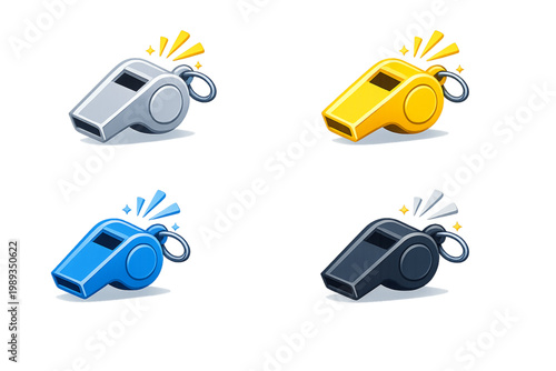 Silver-gray referee whistle with sound bursts, referee whistle, silver whistle, gray whistle, sports whistle, metal whistle, sound bursts, audio waves, sound effect visualization, referee equipment, s