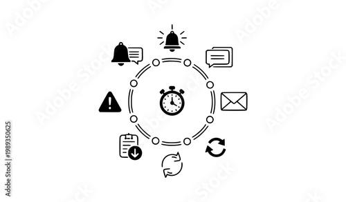 Minimal flat notification icons vector set in circular layout with bell alert message email and system symbols