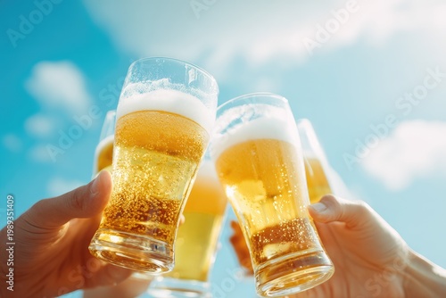 A cheerful outdoor scene captures hands clinking glasses of frothy beer against a bright blue sky with fluffy white clouds, evoking a sense of celebration and relaxation.