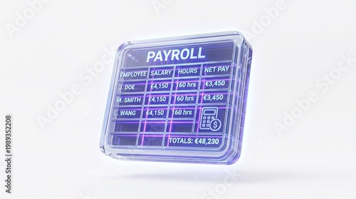 Digital Payroll Ledger Displaying Employee Salary Information on a Transparent Screen