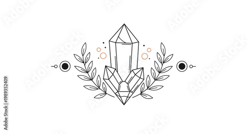 Mystical illustration of magic crystals surrounded by laurel branches and celestial symbols in a minimalist black and white line art style.