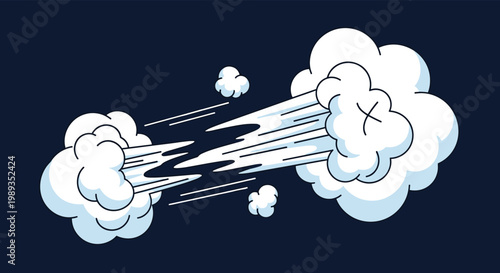 Dynamic cartoon illustration showing a powerful blast of white wind or air current on a dark blue background for comic book style effects.