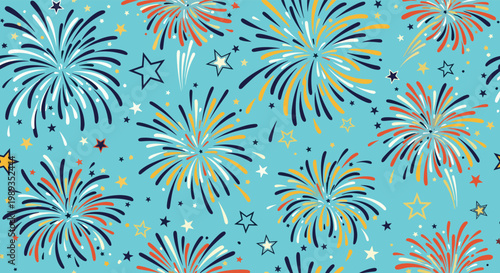 Vibrant seamless pattern of colorful fireworks and sparkling stars on a turquoise background for celebration and festive party decorations.