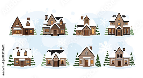 Charming set of various winter houses covered in snow with pine trees and falling snowflakes creating a cozy christmas village atmosphere.
