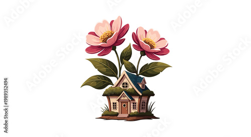 Whimsical illustration of a tiny cozy cottage growing from the center of two large pink flowers with green leaves on a plain white background.