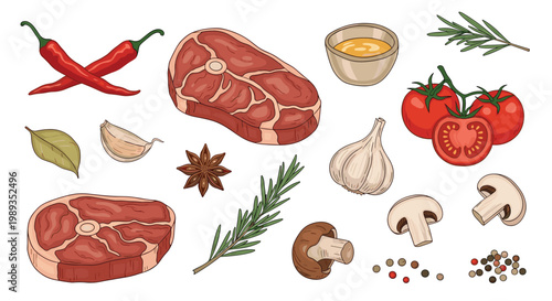 Collection of fresh raw meat steaks assorted vegetables mushrooms and herbs for cooking healthy meals and gourmet restaurant menu decorations.