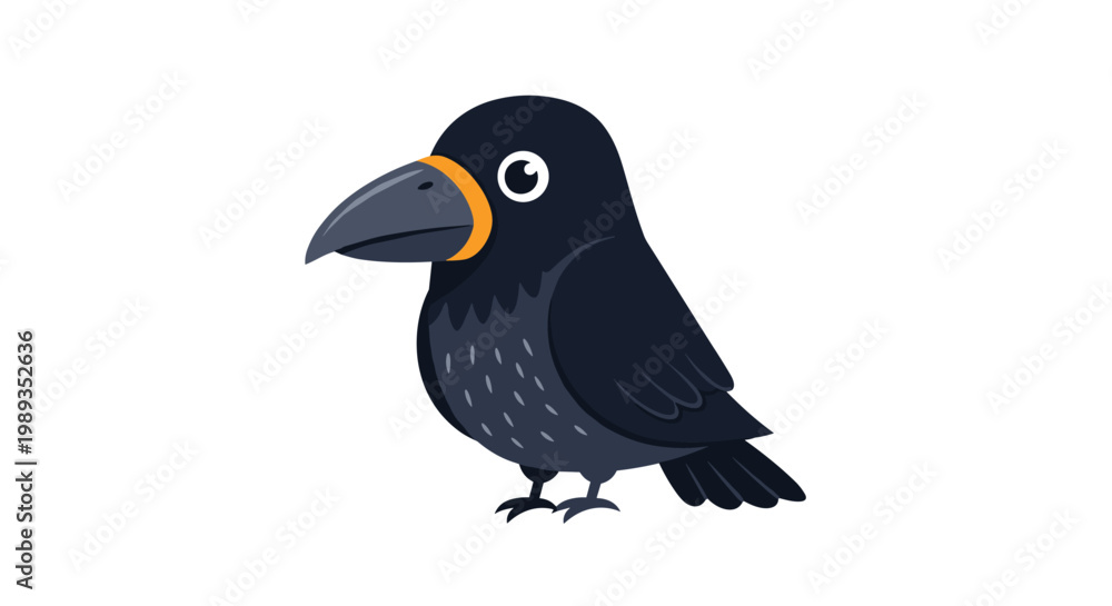 Fototapeta premium Adorable dark blue cartoon crow with large expressive eyes and an orange beak standing proudly on a clean white background.
