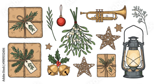 Assorted rustic Christmas elements including kraft paper gifts, bells, mistletoe, stars, and a vintage lantern in hand-drawn style.