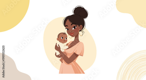 Heartwarming illustration of a loving African American mother gently cradling her newborn baby, depicting a tender maternal bond and the joys of new parenthood with abstract warm shapes