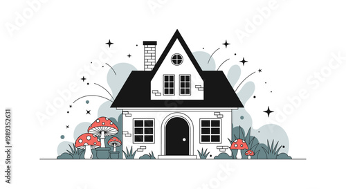 Whimsical fairytale cottage with a steep roof and chimney surrounded by tall grass, stars, and red spotted mushrooms.