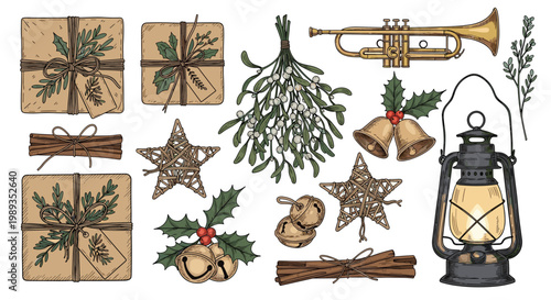 Traditional Christmas flat lay elements featuring brown paper packages, mistletoe, bells, stars, and a glowing metal lantern.