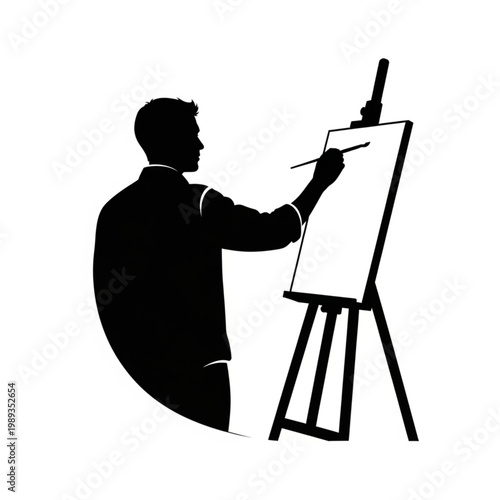 Man Sitting Painting on Easel Canvas.