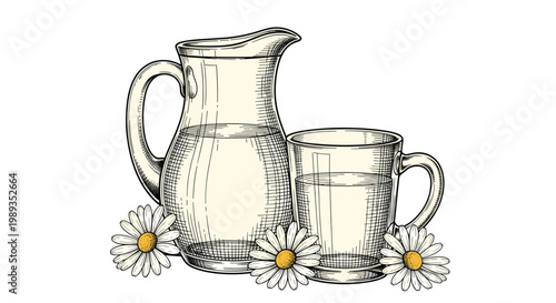 Rustic still life illustration featuring a glass pitcher and mug filled with milk or water surrounded by daisies.