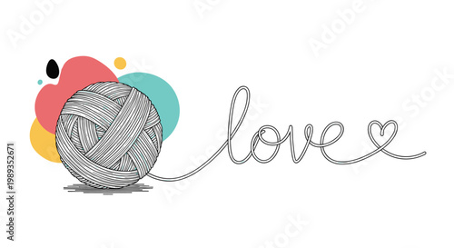 Creative illustration of a yarn ball with its thread forming the word love ending in a heart shape on a colorful background.